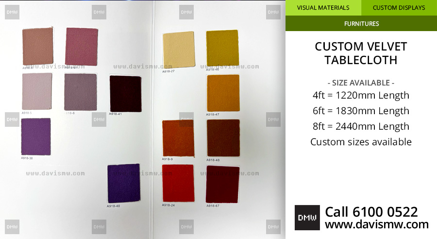 Custom Velvet Tablecloth - Colour Fabric Swatches - Davis Materialworks